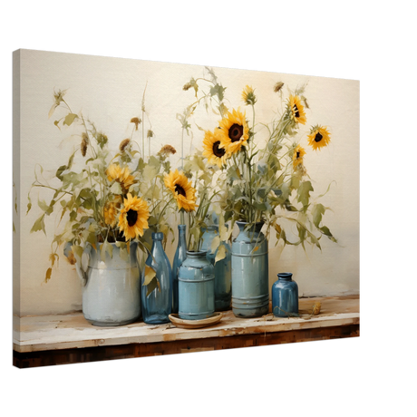 Sunlit Harmony – Sunflowers in Blue Vases Still Life Wall Art Print - Canvas - 60x90 cm / 24x36″ - 