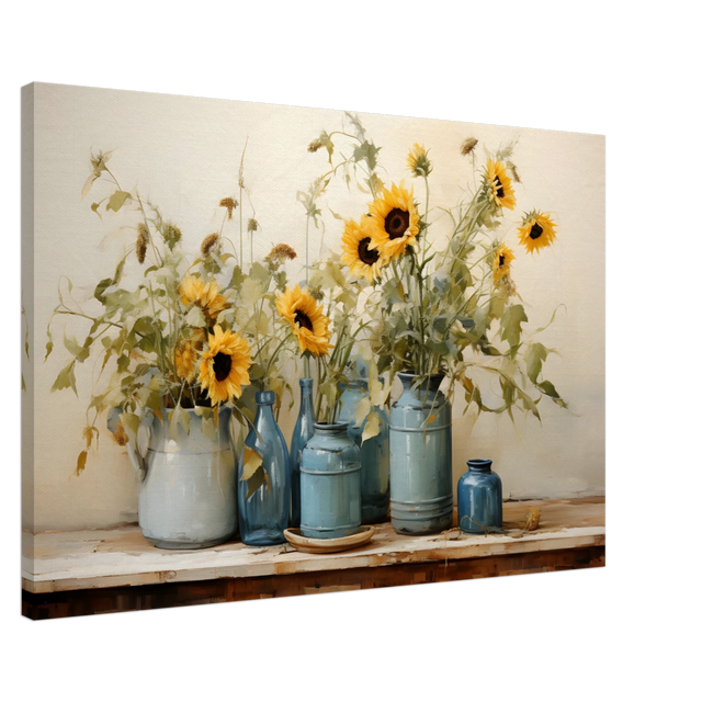 Sunlit Harmony – Sunflowers in Blue Vases Still Life Wall Art Print - Canvas - 60x90 cm / 24x36″ - 