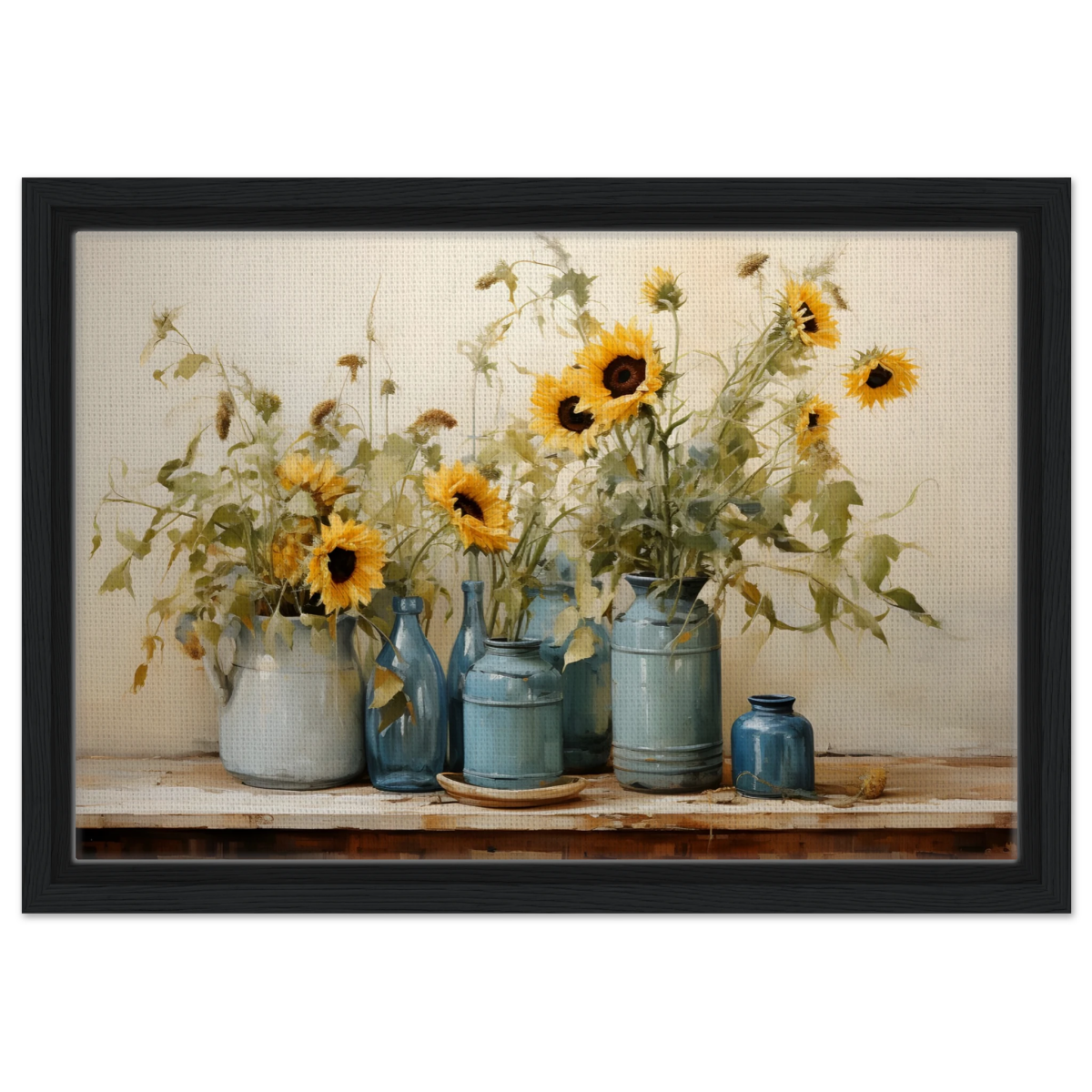 Sunlit Harmony – Sunflowers in Blue Vases Still Life Wall Art Print - Framed Canvas - 30x45 cm / 12x18″ - Black frame