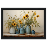 Sunlit Harmony – Sunflowers in Blue Vases Still Life Wall Art Print - Framed Canvas - 30x45 cm / 12x18″ - Black frame