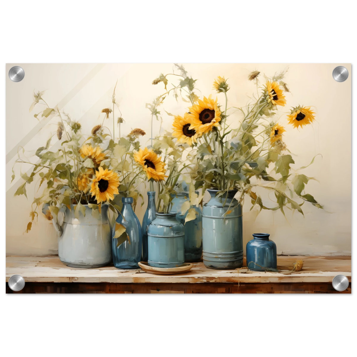Sunlit Harmony – Sunflowers in Blue Vases Still Life Wall Art Print - Acrylic Print - 30x45 cm / 12x18″ - 