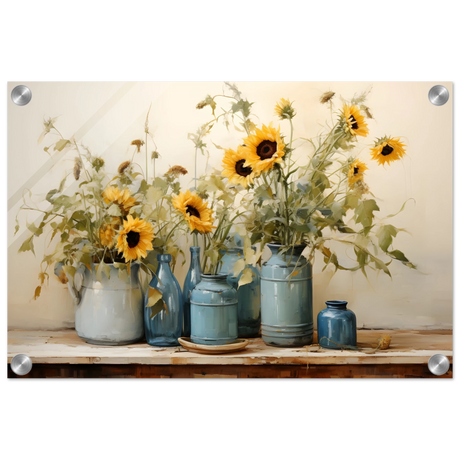 Sunlit Harmony – Sunflowers in Blue Vases Still Life Wall Art Print - Acrylic Print - 30x45 cm / 12x18″ - 