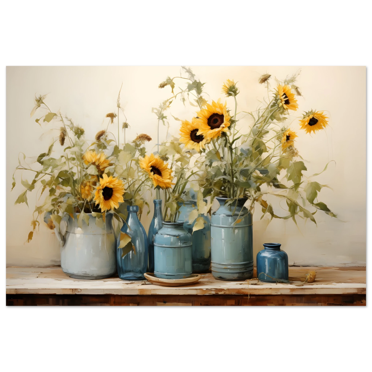 Sunlit Harmony – Sunflowers in Blue Vases Still Life Wall Art Print - Fine Art Poster - 40x60 cm / 16x24″ - 