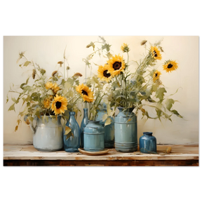 Sunlit Harmony – Sunflowers in Blue Vases Still Life Wall Art Print - Fine Art Poster - 40x60 cm / 16x24″ - 
