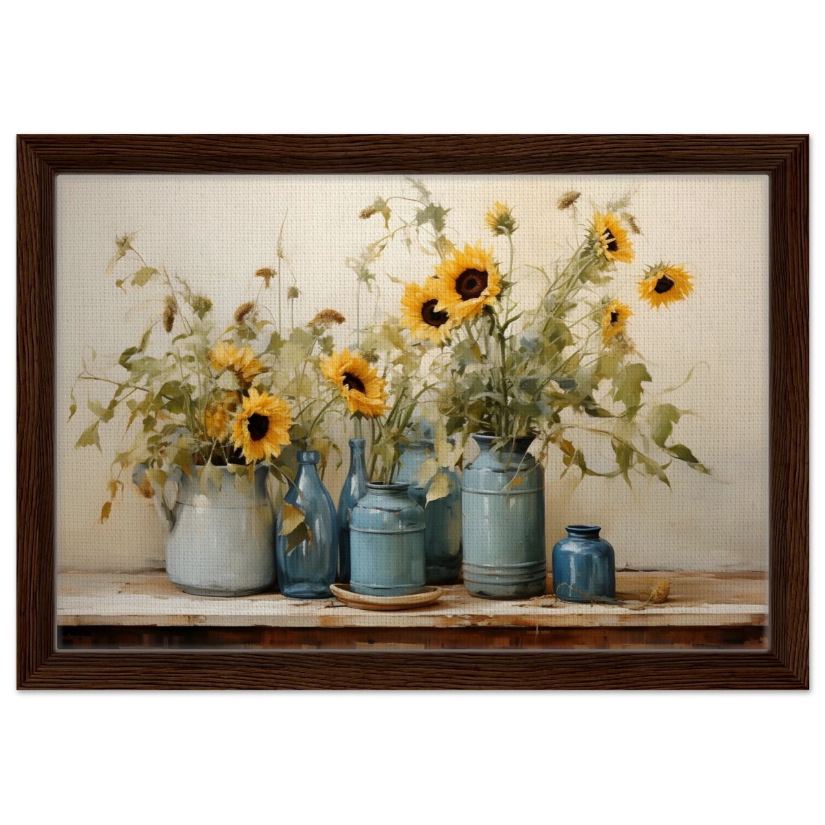 Sunlit Harmony – Sunflowers in Blue Vases Still Life Wall Art Print - Framed Canvas - 30x45 cm / 12x18″ - Dark wood frame