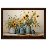 Sunlit Harmony – Sunflowers in Blue Vases Still Life Wall Art Print - Framed Canvas - 30x45 cm / 12x18″ - Dark wood frame