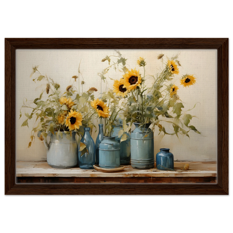 Sunlit Harmony – Sunflowers in Blue Vases Still Life Wall Art Print - Framed Canvas - 30x45 cm / 12x18″ - Dark wood frame