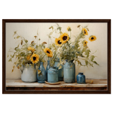Sunlit Harmony – Sunflowers in Blue Vases Still Life Wall Art Print - Framed Canvas - 50x75 cm / 20x30″ - Dark wood frame