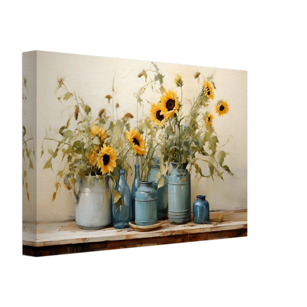 Sunlit Harmony – Sunflowers in Blue Vases Still Life Wall Art Print - Canvas - 20x30 cm / 8x12″ - 