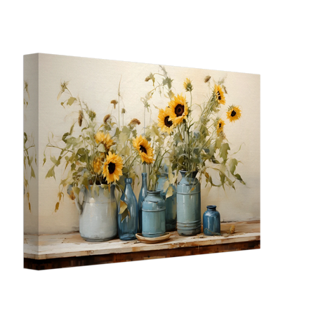 Sunlit Harmony – Sunflowers in Blue Vases Still Life Wall Art Print - Canvas - 20x30 cm / 8x12″ - 