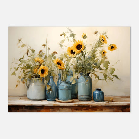 Sunlit Harmony – Sunflowers in Blue Vases Still Life Wall Art Print - Aluminum Print - 70x100 cm / 28x40″ - 