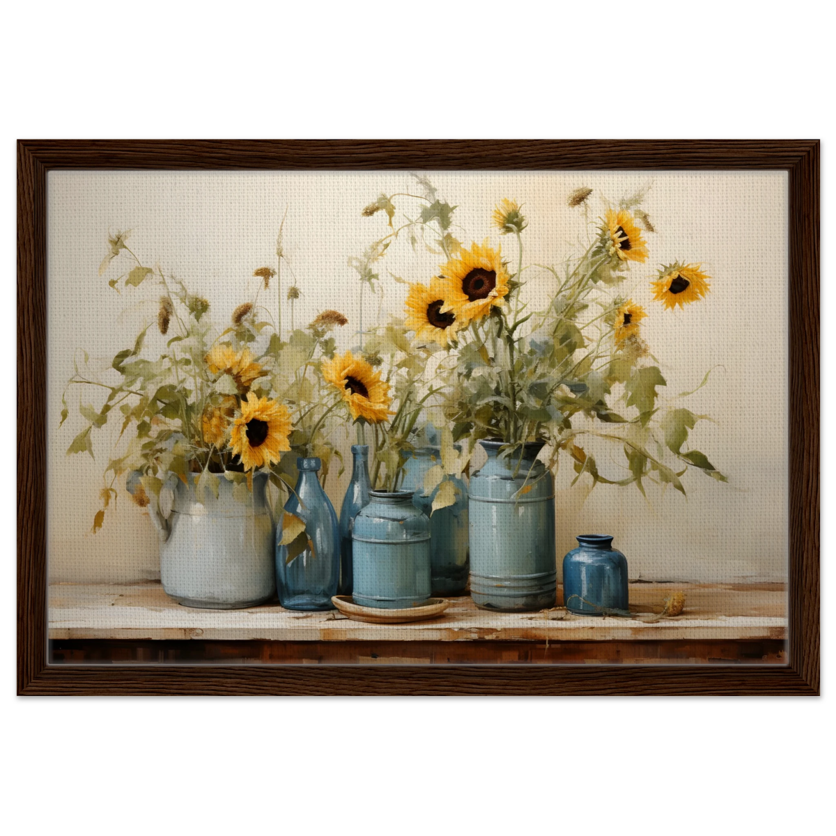 Sunlit Harmony – Sunflowers in Blue Vases Still Life Wall Art Print - Framed Canvas - 40x60 cm / 16x24″ - Dark wood frame