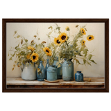Sunlit Harmony – Sunflowers in Blue Vases Still Life Wall Art Print - Framed Canvas - 40x60 cm / 16x24″ - Dark wood frame
