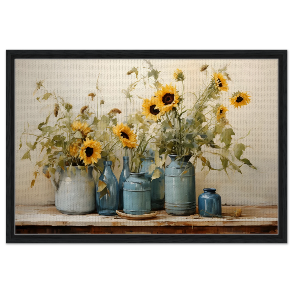 Sunlit Harmony – Sunflowers in Blue Vases Still Life Wall Art Print - Framed Canvas - 50x75 cm / 20x30″ - Black frame