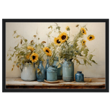 Sunlit Harmony – Sunflowers in Blue Vases Still Life Wall Art Print - Framed Canvas - 50x75 cm / 20x30″ - Black frame