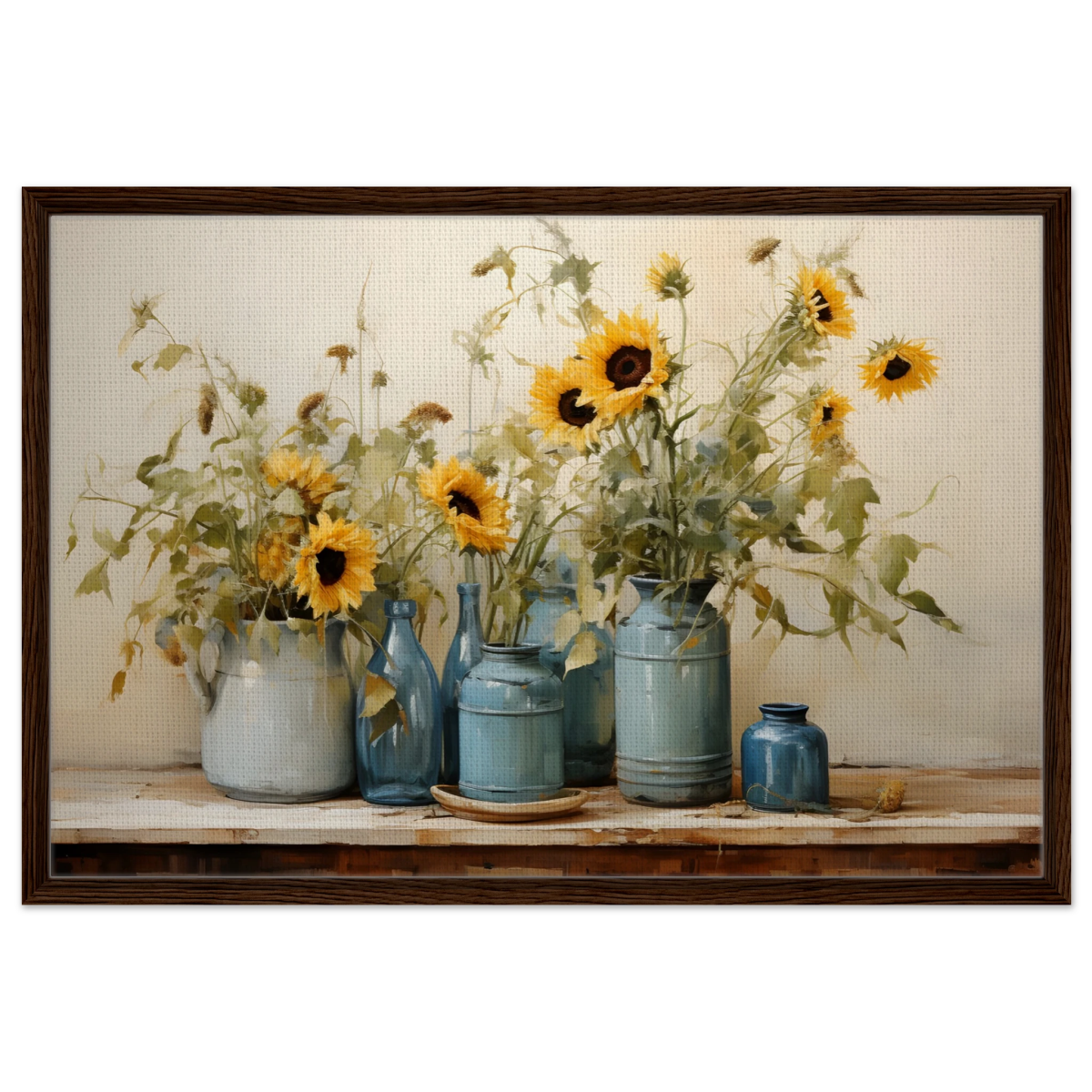Sunlit Harmony – Sunflowers in Blue Vases Still Life Wall Art Print - Framed Canvas - 60x90 cm / 24x36″ - Dark wood frame