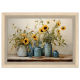 Sunlit Harmony – Sunflowers in Blue Vases Still Life Wall Art Print - Framed Canvas - 20x30 cm / 8x12″ - Wood frame