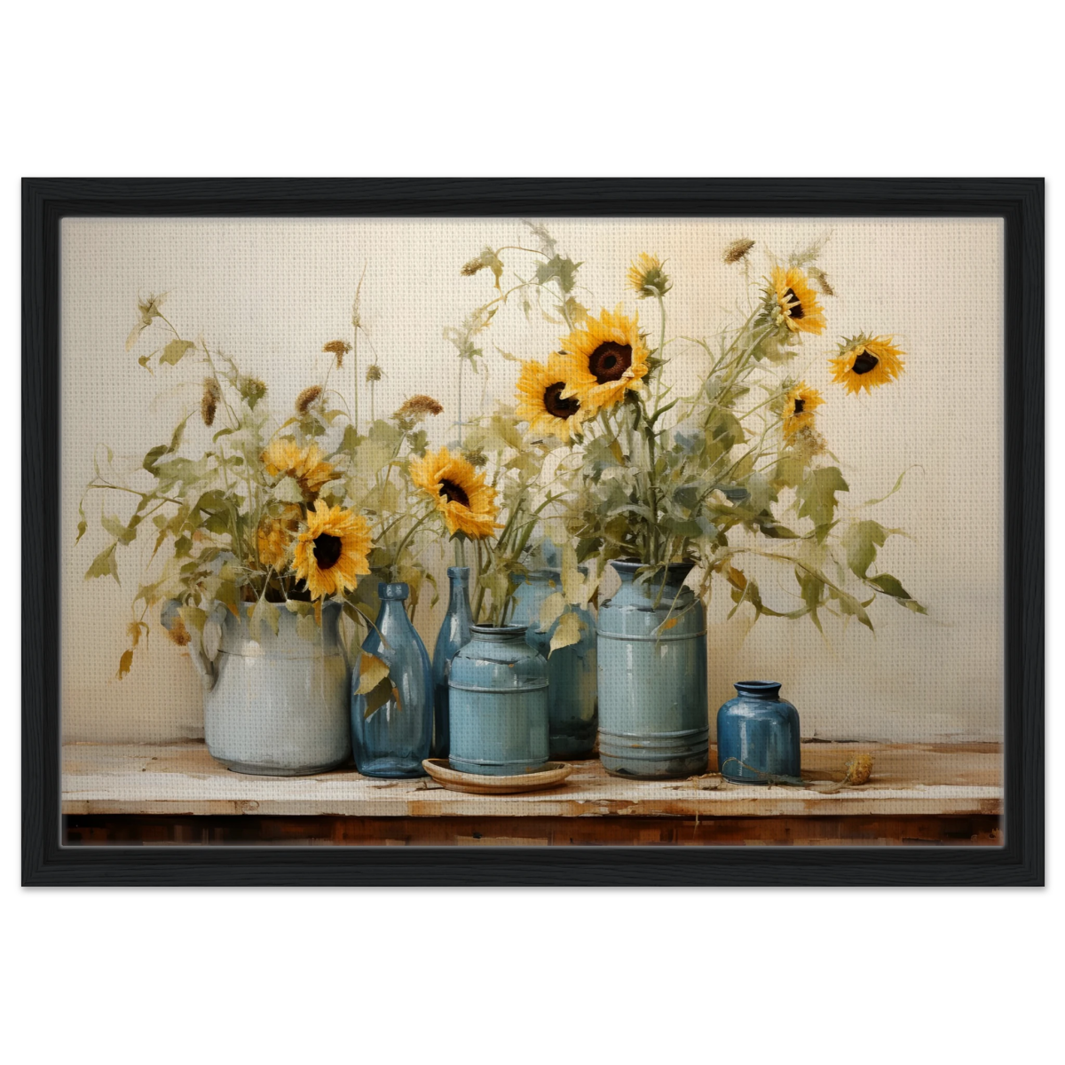 Sunlit Harmony – Sunflowers in Blue Vases Still Life Wall Art Print - Framed Canvas - 40x60 cm / 16x24″ - Black frame