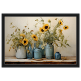 Sunlit Harmony – Sunflowers in Blue Vases Still Life Wall Art Print - Framed Canvas - 40x60 cm / 16x24″ - Black frame