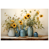 Sunlit Harmony – Sunflowers in Blue Vases Still Life Wall Art Print - Fine Art Poster - 60x90 cm / 24x36″ - 