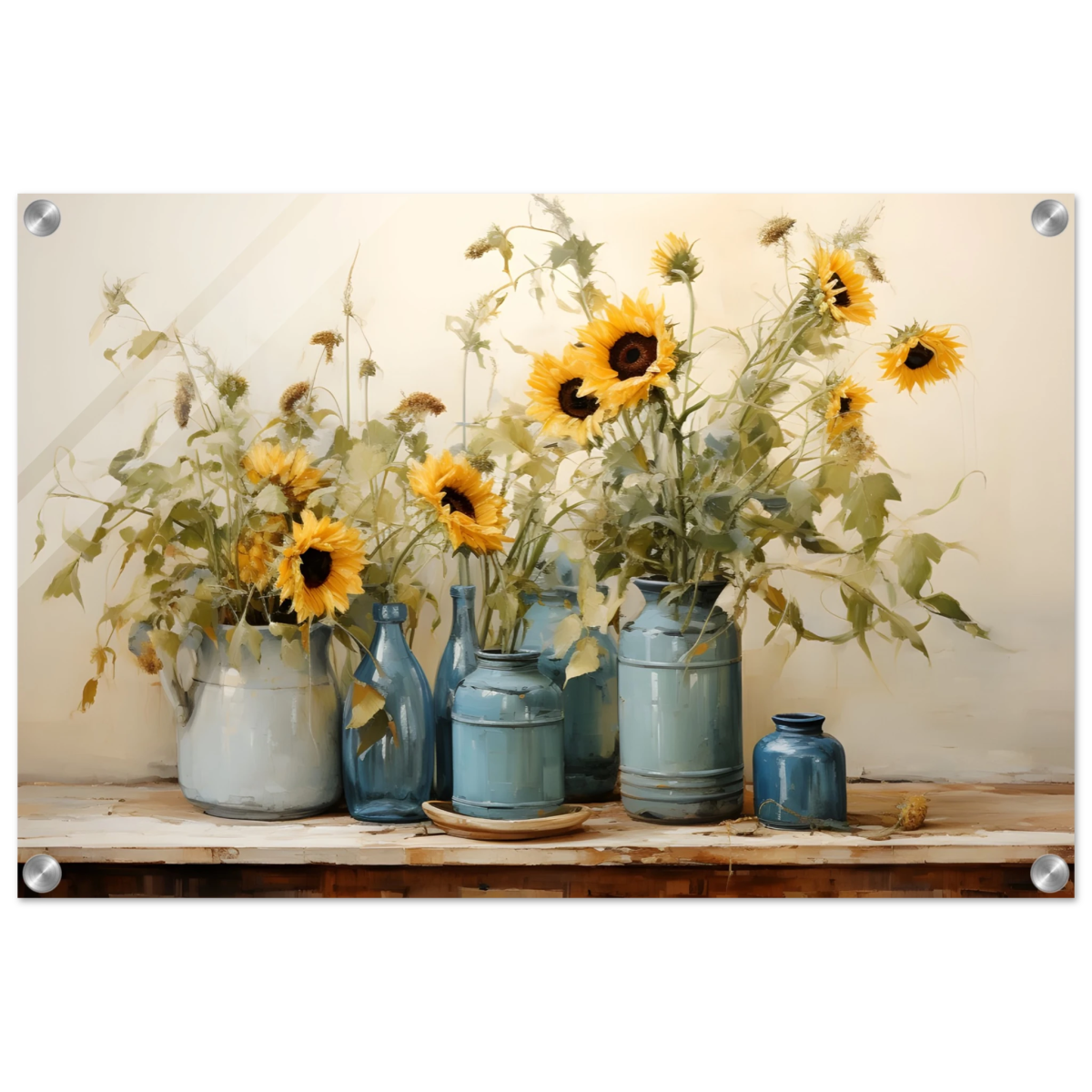 Sunlit Harmony – Sunflowers in Blue Vases Still Life Wall Art Print - Acrylic Print - 40x60 cm / 16x24″ - 