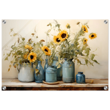 Sunlit Harmony – Sunflowers in Blue Vases Still Life Wall Art Print - Acrylic Print - 40x60 cm / 16x24″ - 