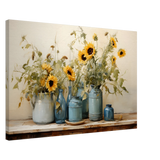 Sunlit Harmony – Sunflowers in Blue Vases Still Life Wall Art Print - Canvas - 50x75 cm / 20x30″ - 
