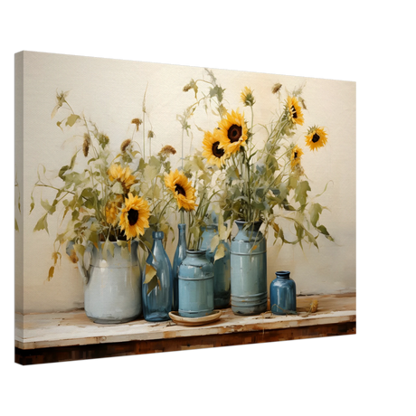 Sunlit Harmony – Sunflowers in Blue Vases Still Life Wall Art Print - Canvas - 50x75 cm / 20x30″ - 