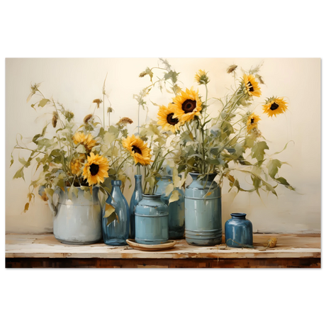 Sunlit Harmony – Sunflowers in Blue Vases Still Life Wall Art Print - Fine Art Poster - 30x45 cm / 12x18″ - 