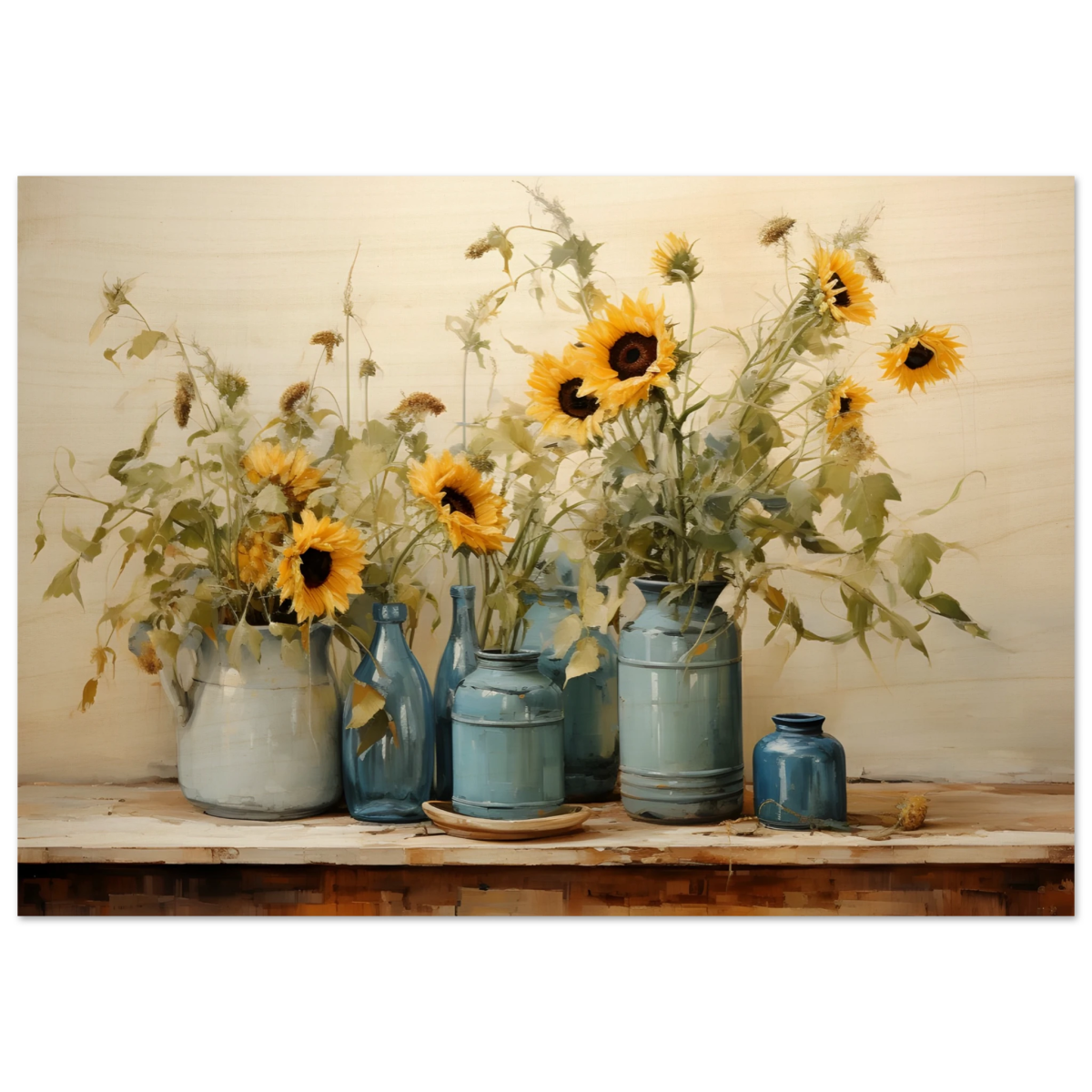 Sunlit Harmony – Sunflowers in Blue Vases Still Life Wall Art Print - Wood Prints - 70x100 cm / 28x40″ - 
