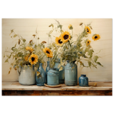 Sunlit Harmony – Sunflowers in Blue Vases Still Life Wall Art Print - Wood Prints - 70x100 cm / 28x40″ - 