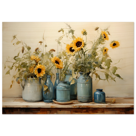 Sunlit Harmony – Sunflowers in Blue Vases Still Life Wall Art Print - Wood Prints - 70x100 cm / 28x40″ - 