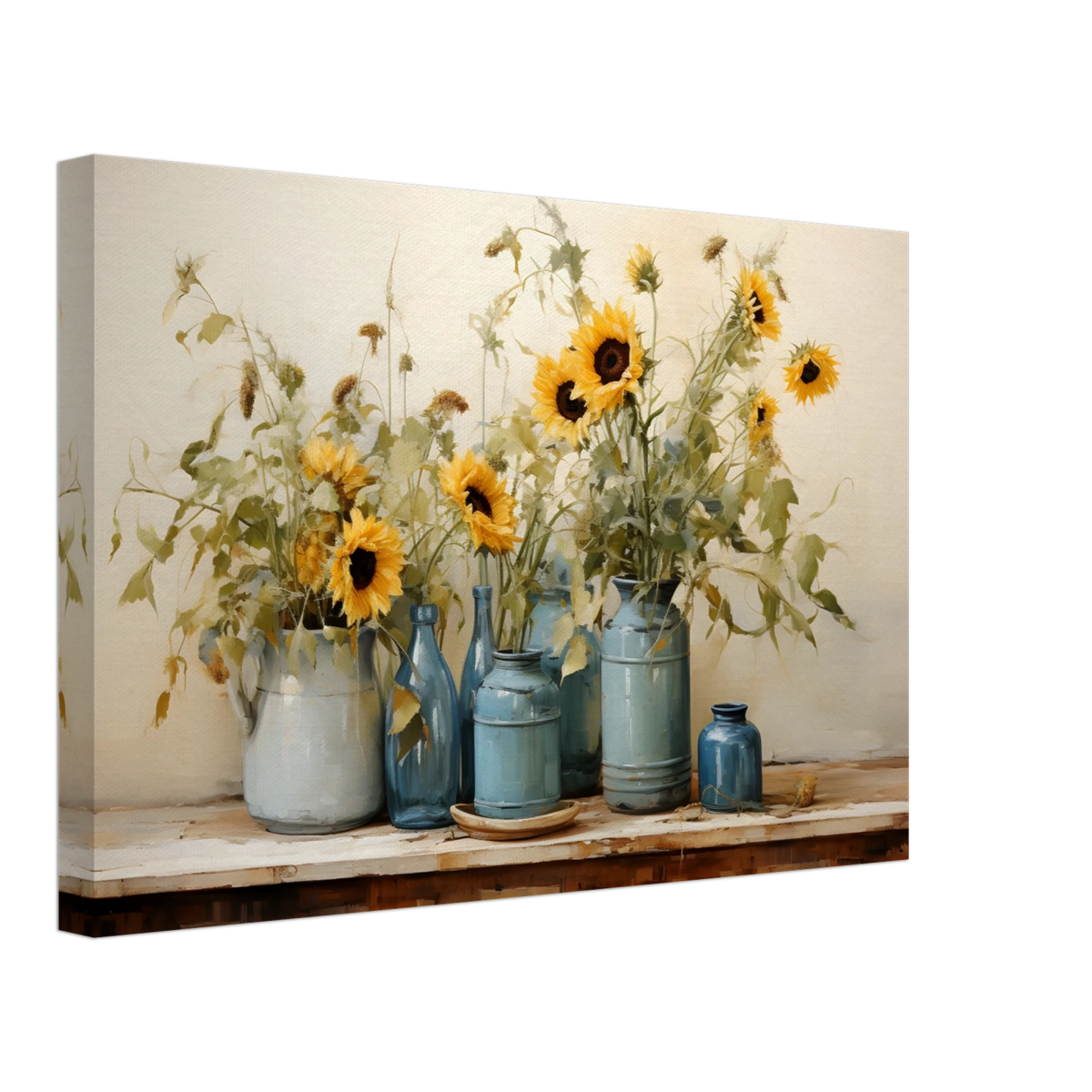 Sunlit Harmony – Sunflowers in Blue Vases Still Life Wall Art Print - Canvas - 30x45 cm / 12x18″ - 