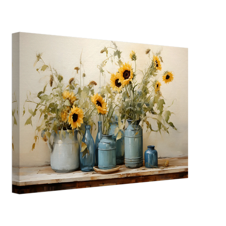 Sunlit Harmony – Sunflowers in Blue Vases Still Life Wall Art Print - Canvas - 30x45 cm / 12x18″ - 
