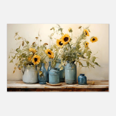Sunlit Harmony – Sunflowers in Blue Vases Still Life Wall Art Print - Aluminum Print - 50x75 cm / 20x30″ - 
