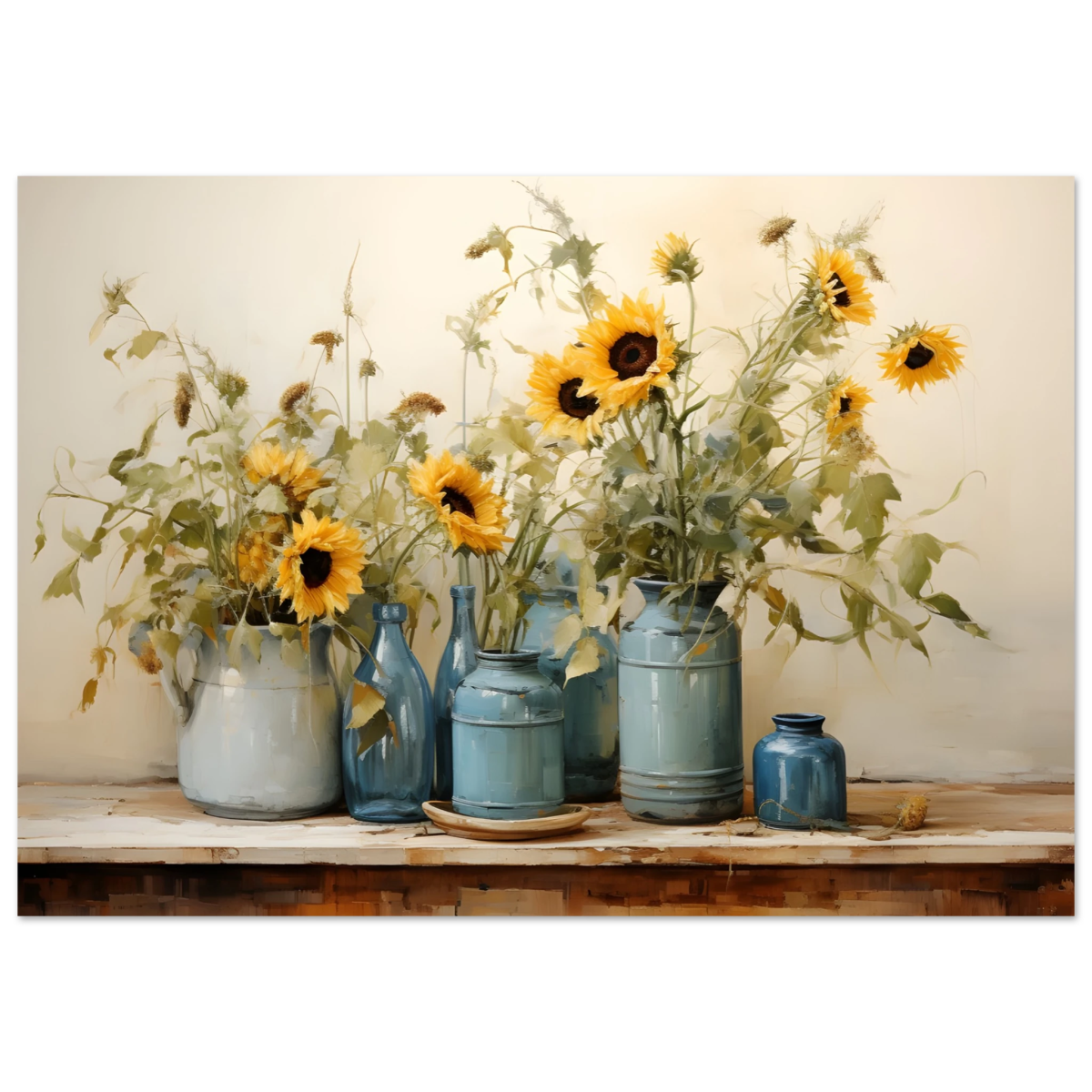 Sunlit Harmony – Sunflowers in Blue Vases Still Life Wall Art Print - Fine Art Poster - 70x100 cm / 28x40″ - 