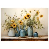 Sunlit Harmony – Sunflowers in Blue Vases Still Life Wall Art Print - Fine Art Poster - 70x100 cm / 28x40″ - 