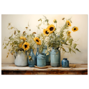 Sunlit Harmony – Sunflowers in Blue Vases Still Life Wall Art Print - Fine Art Poster - 70x100 cm / 28x40″ - 