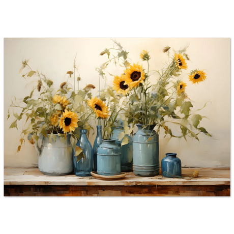 Sunlit Harmony – Sunflowers in Blue Vases Still Life Wall Art Print - Fine Art Poster - 70x100 cm / 28x40″ - 