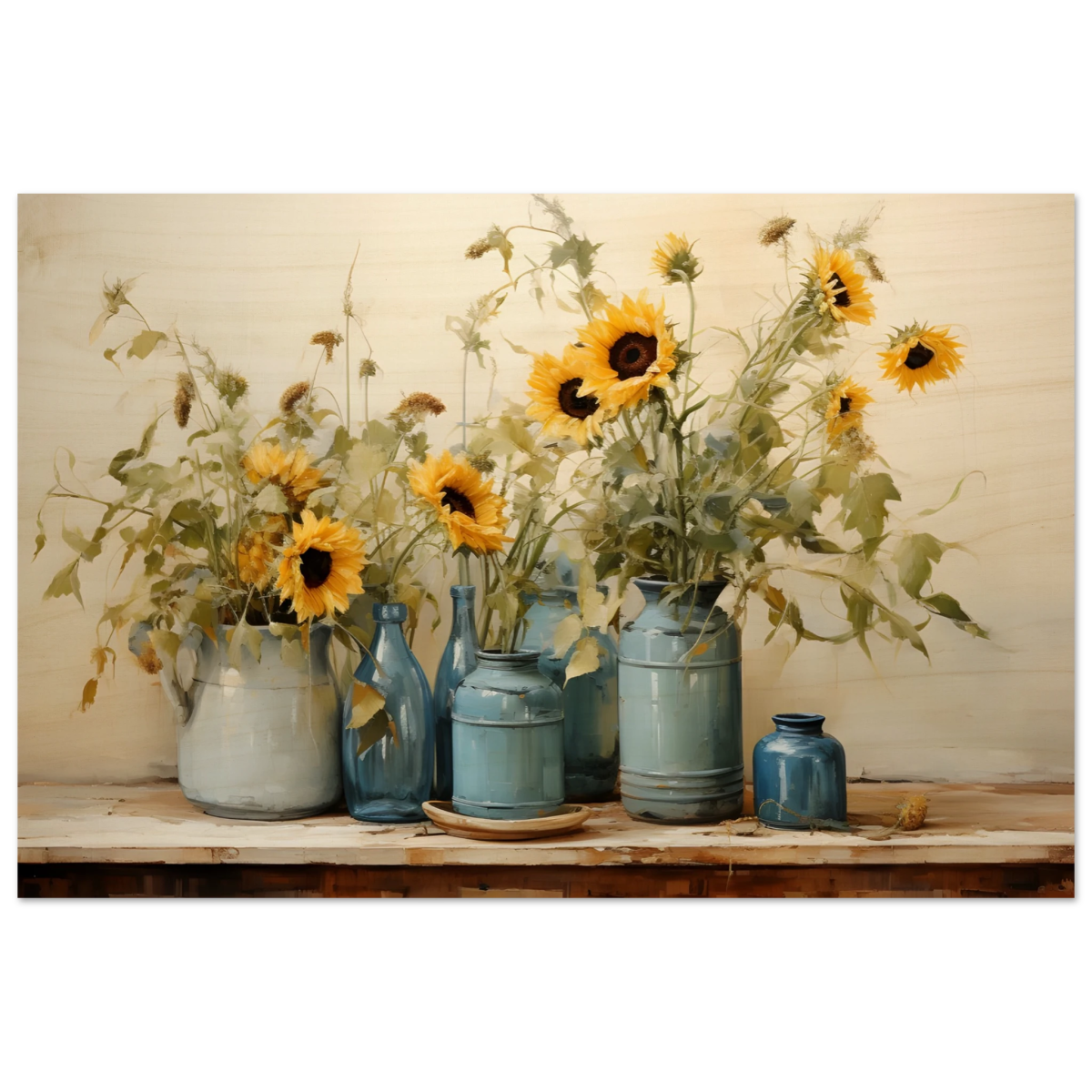 Sunlit Harmony – Sunflowers in Blue Vases Still Life Wall Art Print - Wood Prints - 50x75 cm / 20x30″ - 