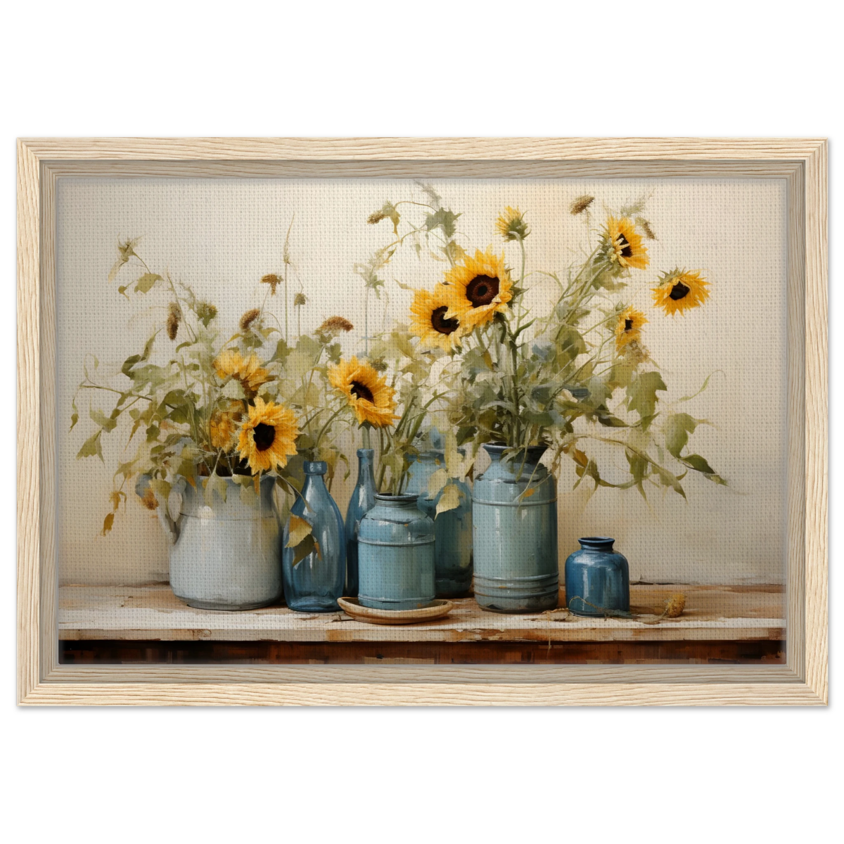 Sunlit Harmony – Sunflowers in Blue Vases Still Life Wall Art Print - Framed Canvas - 30x45 cm / 12x18″ - Wood frame