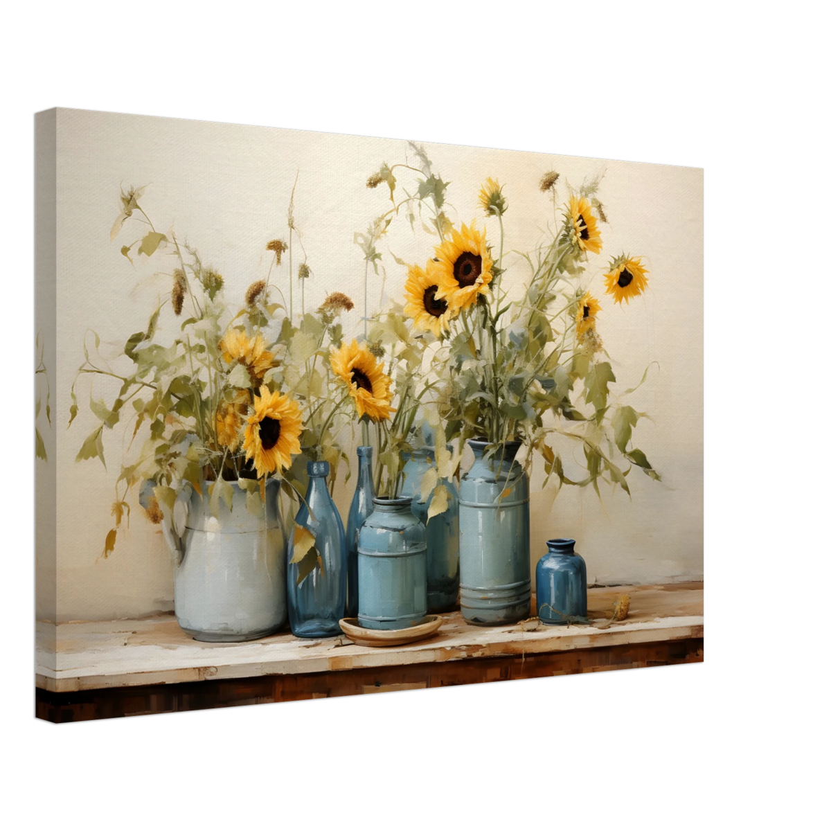 Sunlit Harmony – Sunflowers in Blue Vases Still Life Wall Art Print - Canvas - 40x60 cm / 16x24″ - 