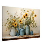 Sunlit Harmony – Sunflowers in Blue Vases Still Life Wall Art Print - Canvas - 40x60 cm / 16x24″ - 