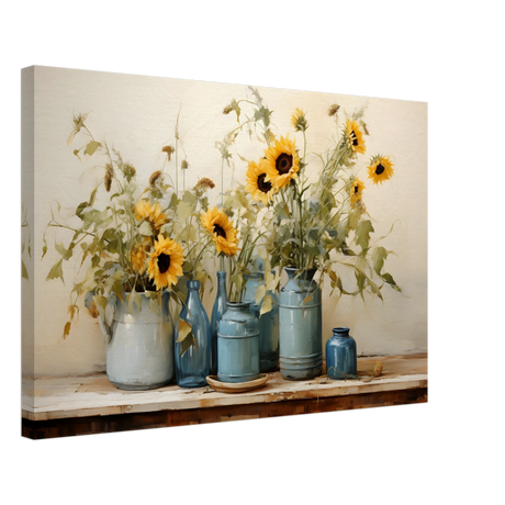Sunlit Harmony – Sunflowers in Blue Vases Still Life Wall Art Print - Canvas - 40x60 cm / 16x24″ - 