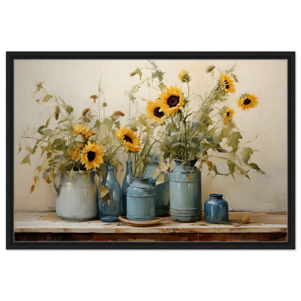 Sunlit Harmony – Sunflowers in Blue Vases Still Life Wall Art Print - Framed Canvas - 60x90 cm / 24x36″ - Black frame