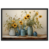 Sunlit Harmony – Sunflowers in Blue Vases Still Life Wall Art Print - Framed Canvas - 60x90 cm / 24x36″ - Black frame