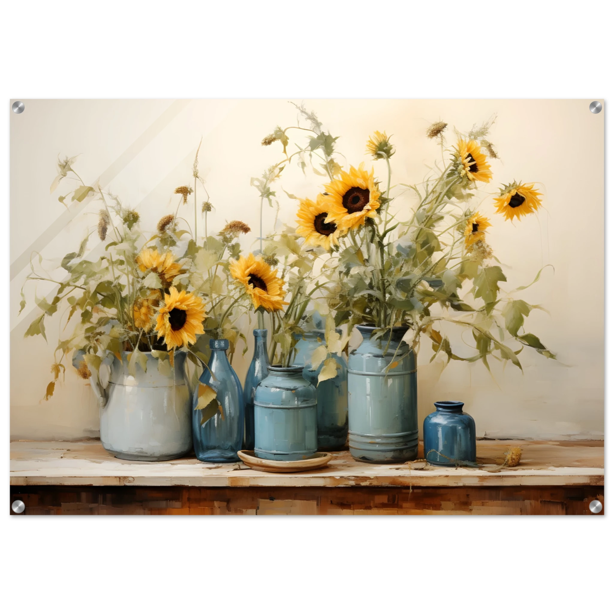 Sunlit Harmony – Sunflowers in Blue Vases Still Life Wall Art Print - Acrylic Print - 70x100 cm / 28x40″ - 