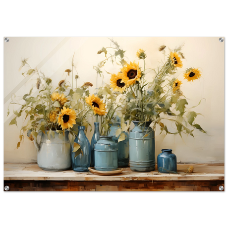 Sunlit Harmony – Sunflowers in Blue Vases Still Life Wall Art Print - Acrylic Print - 70x100 cm / 28x40″ - 