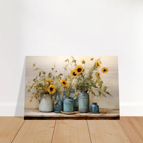 Sunlit Harmony – Sunflowers in Blue Vases Still Life Wall Art Print - Brushed Aluminum Print - 30x45 cm / 12x18″ - 