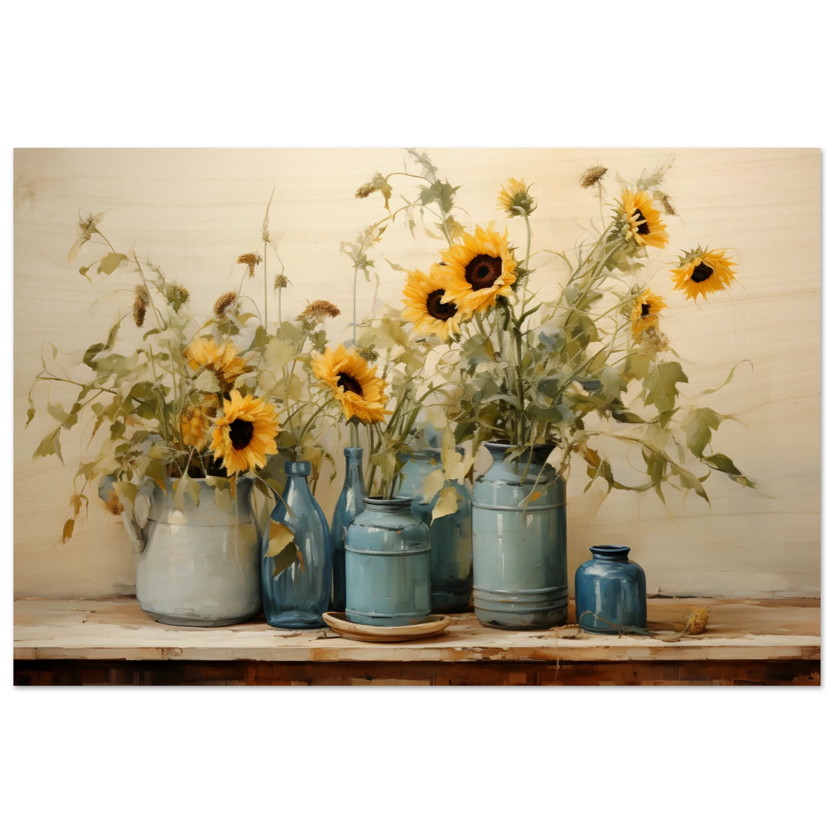 Sunlit Harmony – Sunflowers in Blue Vases Still Life Wall Art Print - Wood Prints - 20x30 cm / 8x12″ - 